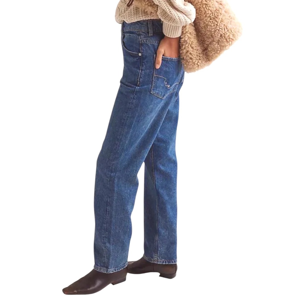 NWT Free People Zane Mid Rise Straight Leg Jeans Button Fly Blue Denim Size 30‎